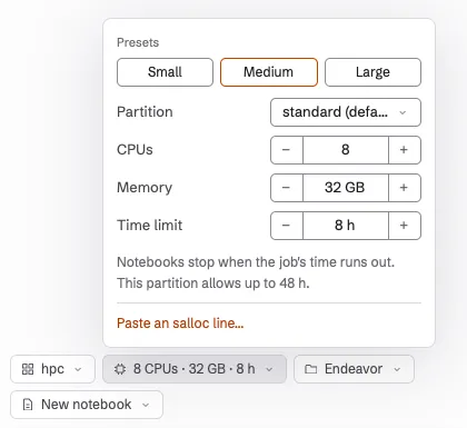 The resources popover for a cluster session, with the Small, Medium and Large presets, the partition, and fields for CPUs, memory and time limit.