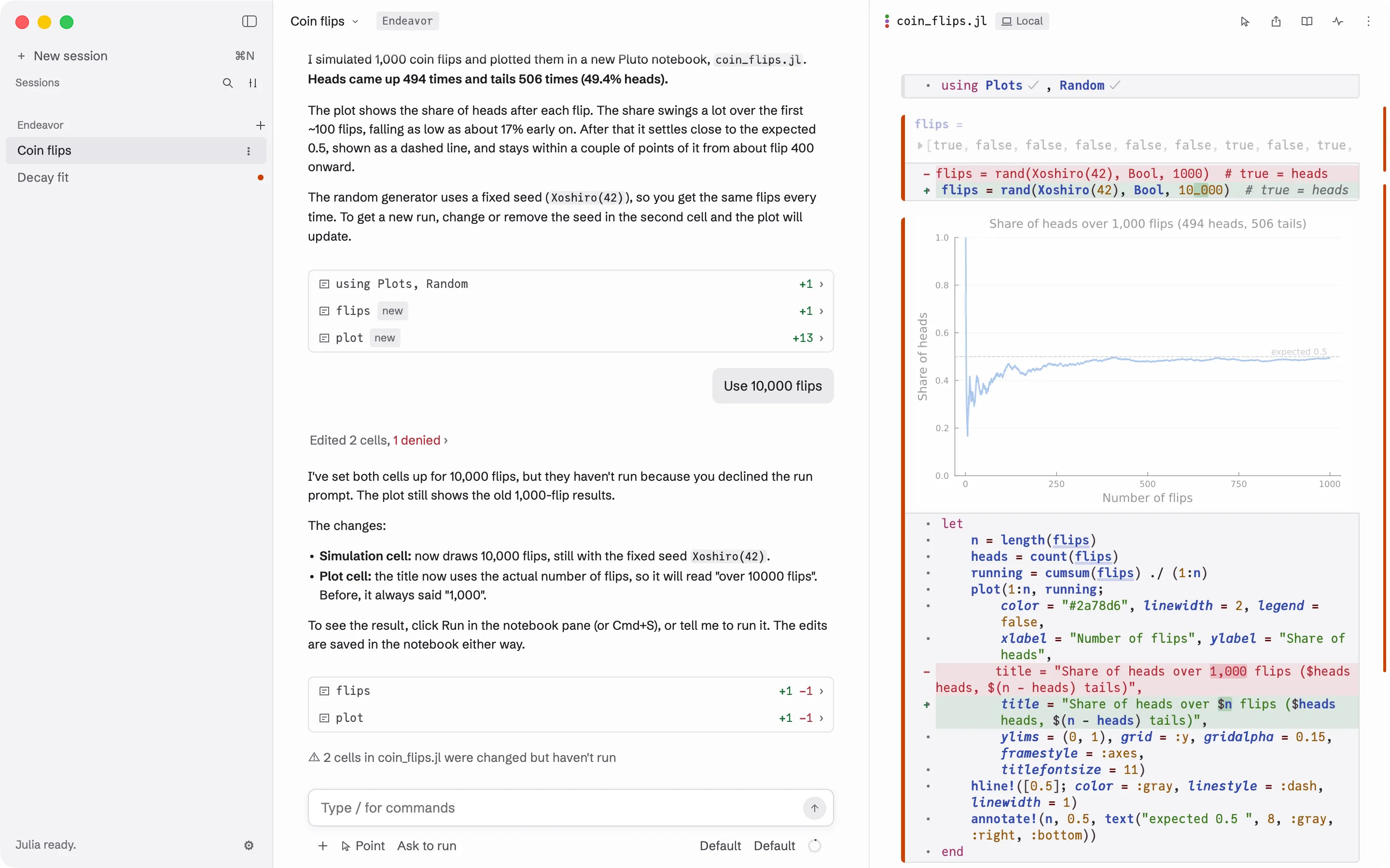The Endeavor window. On the left, the list of sessions. In the middle, the chat, with a request to simulate 1,000 coin flips and Claude’s reply. On the right, the notebook with its cells and a plot of the share of heads.