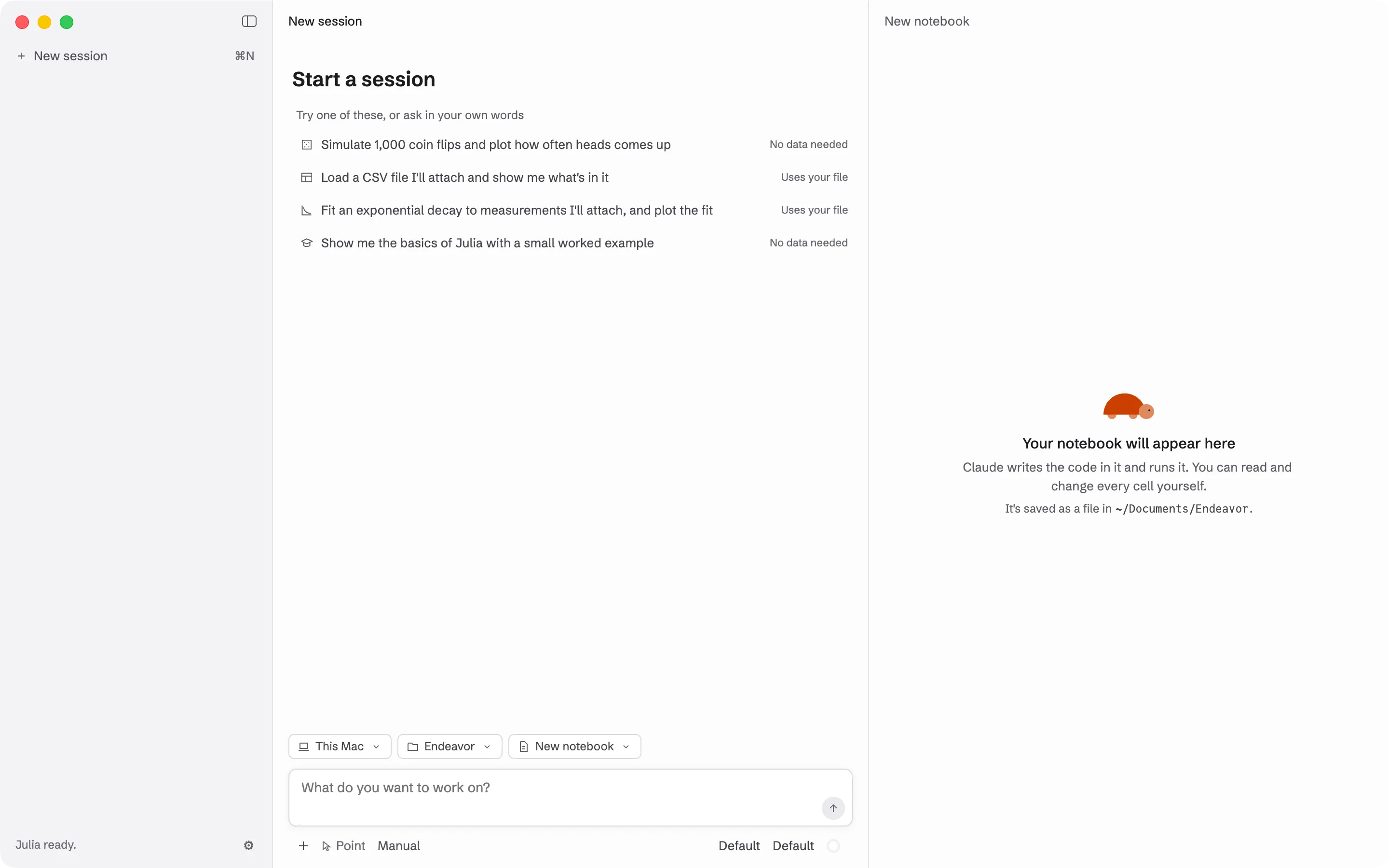 The “Start a session” screen, with four example prompts, the chips above the message box, and the empty notebook pane on the right